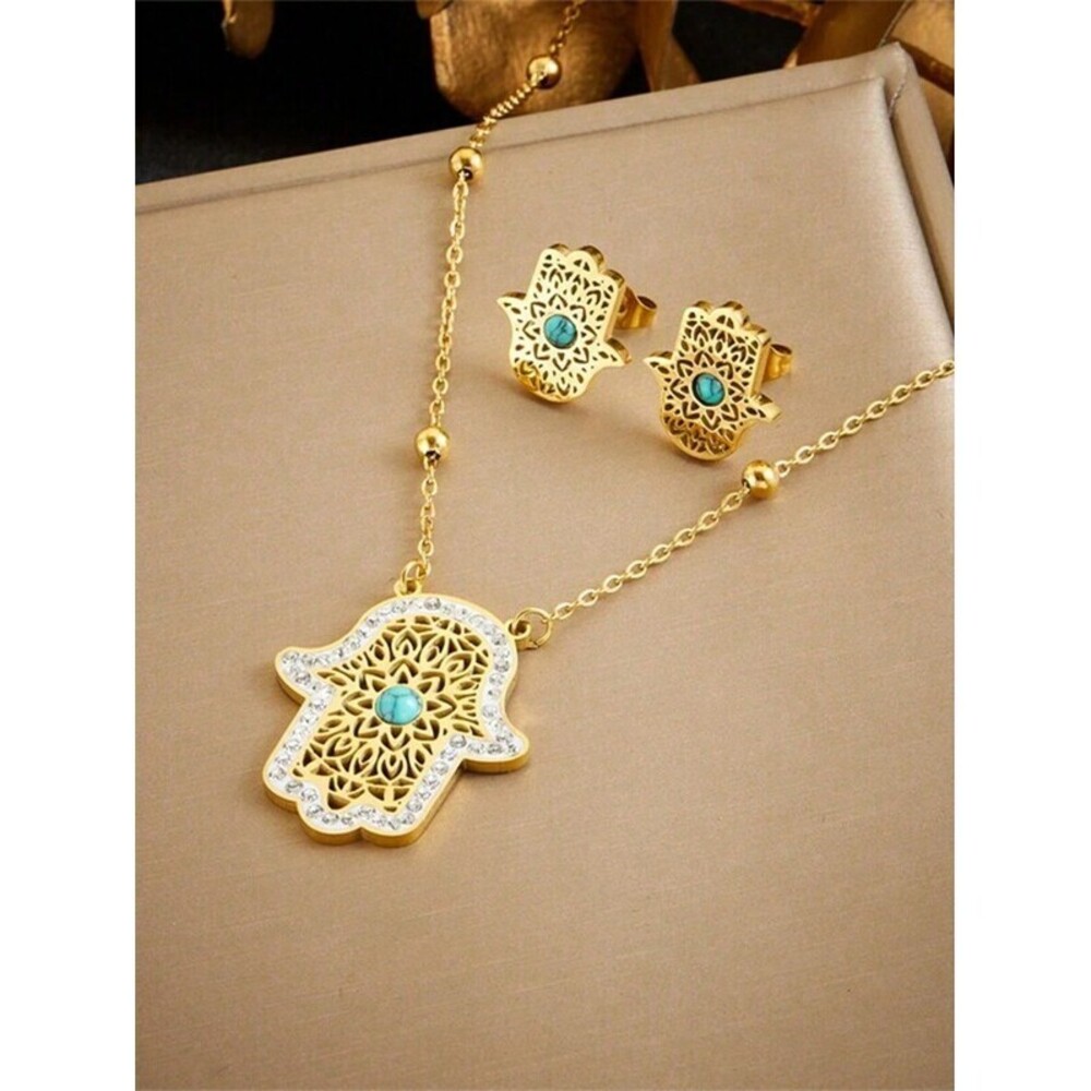 Gold Stainless Steel Hollow Flower Palm Turquoise Pendant Necklace A Y2K